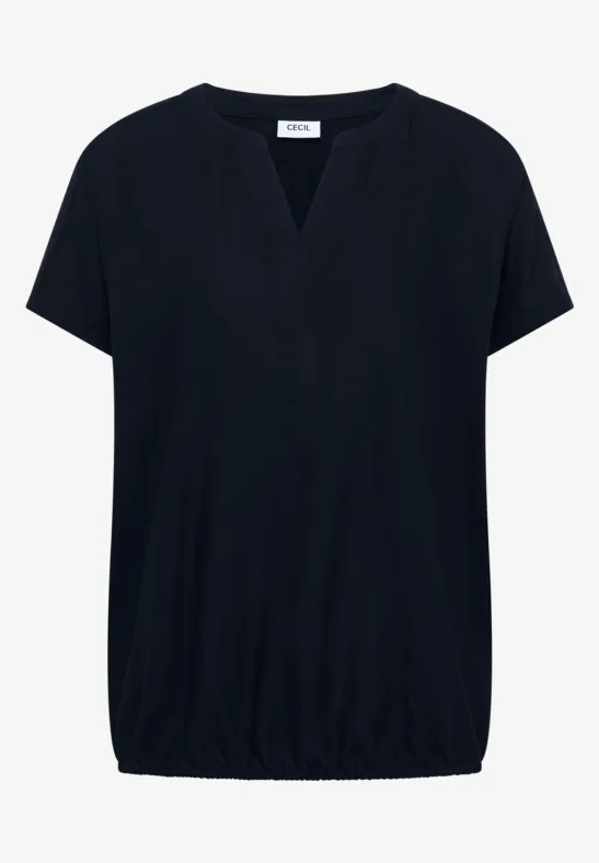 Schwarzes Kurzarmshirt mit V-förmigem Ausschnitt und elastischem Saum