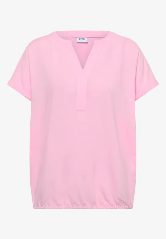 T-shirt rose pâle à manches courtes, encolure en V, coupe ample et ourlet élastiqué