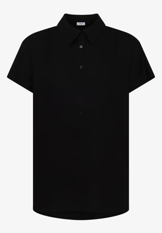 Schwarze, kurzärmlige Hemdbluse mit Knopfleiste und klassischem Kragen.