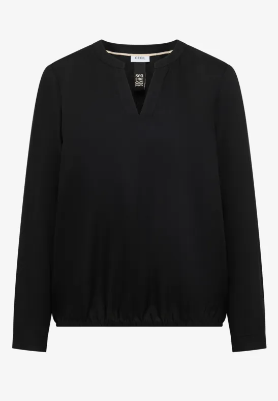 Schwarze, schlichte Bluse mit langen Ärmeln und V-Ausschnitt, legerer Schnitt.