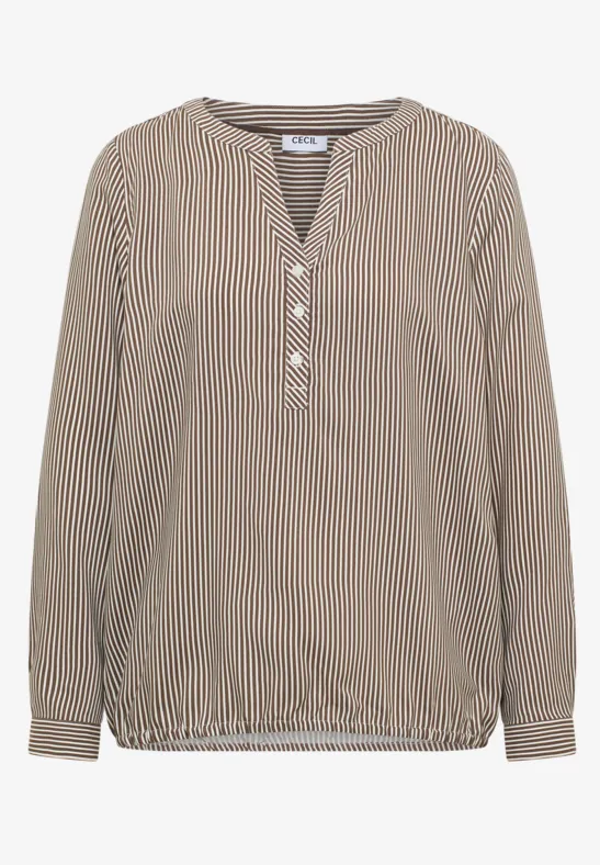 Leichte beiger Damenbluse mit feinen weißen Streifen, langärmlig mit V-Ausschnitt und elastischem Bund.