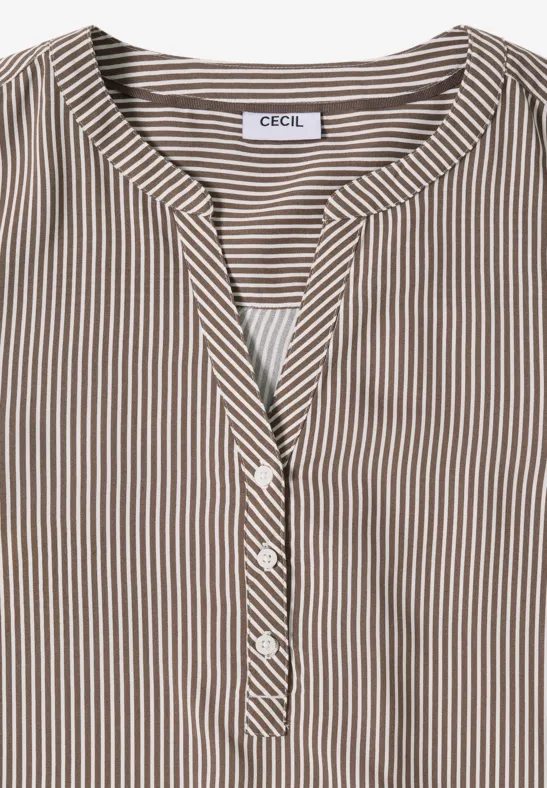 Taillierte Bluse mit braun-weißen Streifen, V-Ausschnitt und halber Knopfleiste.
