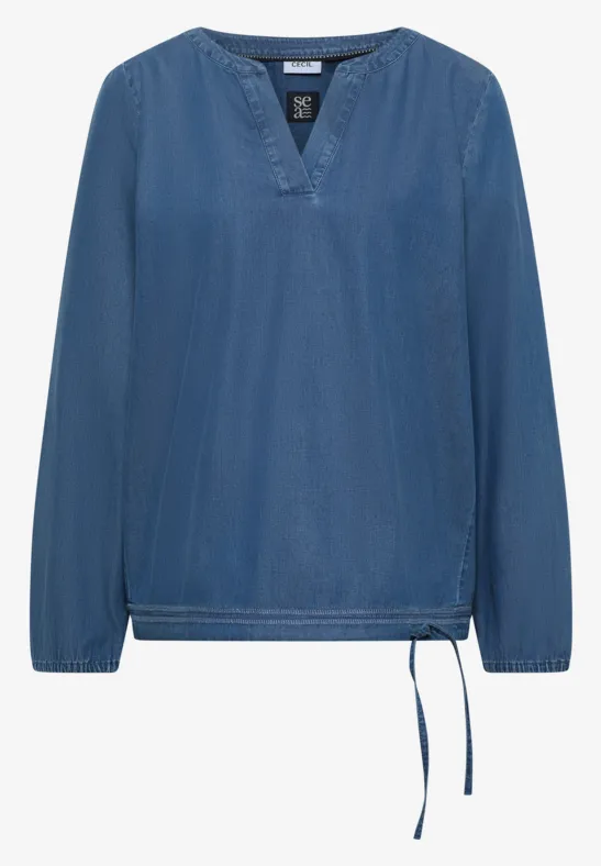 Lockere, langärmlige Jeansbluse mit V-Ausschnitt und Kordelzug am Saum.