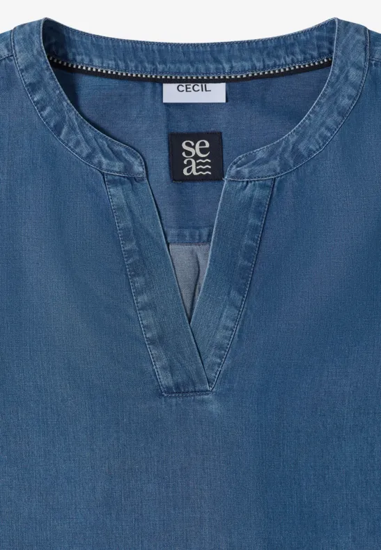 Blaues Denim-Damentop mit Rundhalsausschnitt und V-Schlitz von CECIL.