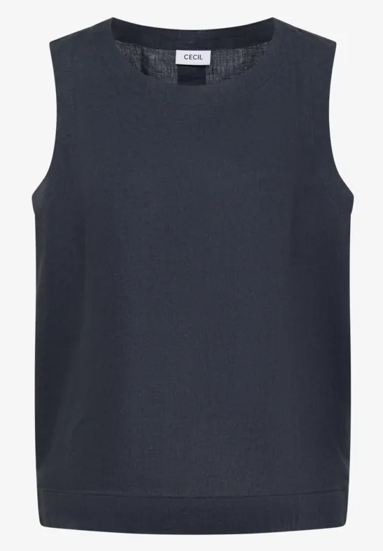 Dunkelblaues, ärmelloses Damentop mit geradem Schnitt und schlichtem Design.