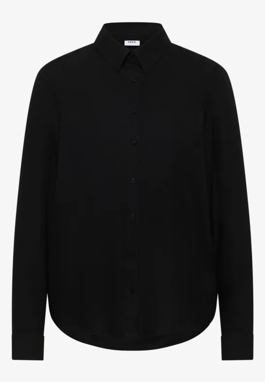 Schwarze, langärmlige Hemdbluse mit Kragen und durchgehender Knopfleiste.