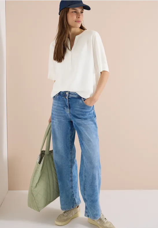 Kurzarm Bluse mit Split Neck vanilla white