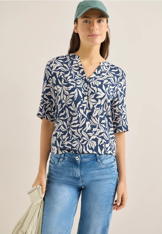 Bluse mit Split Neck und Elastiksaum sporty denim blue