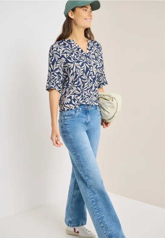 Bluse mit Split Neck und Elastiksaum sporty denim blue