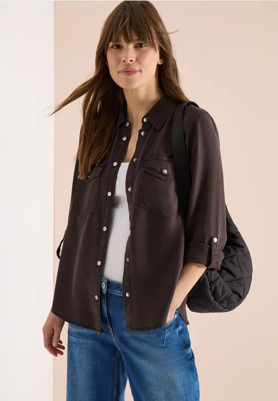 Bluse mit Hemdkragen und Turn-Up macchiato brown