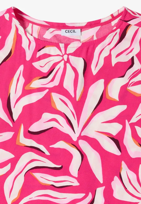 Kurzarm Bluse mit Print und Knöpfen beetroot pink