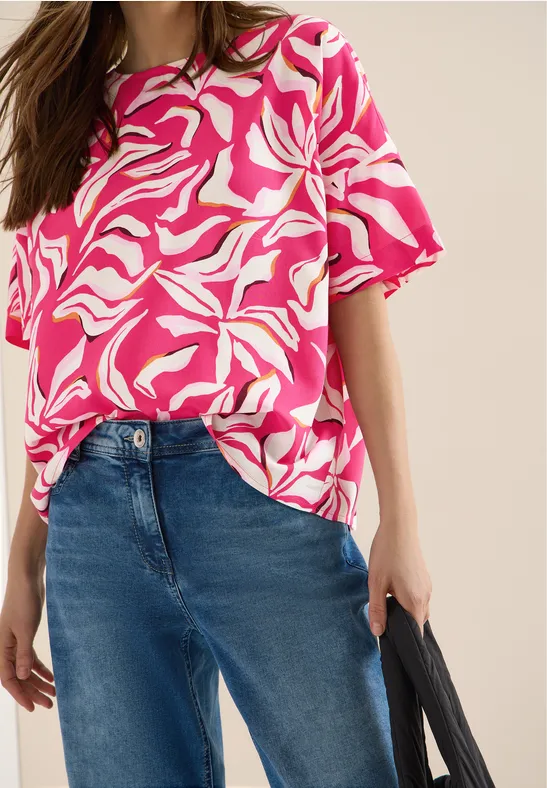Kurzarm Bluse mit Print und Knöpfen beetroot pink