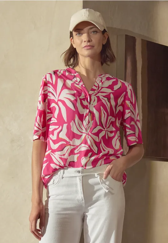 Kurzarm Bluse mit floralem Muster beetroot pink