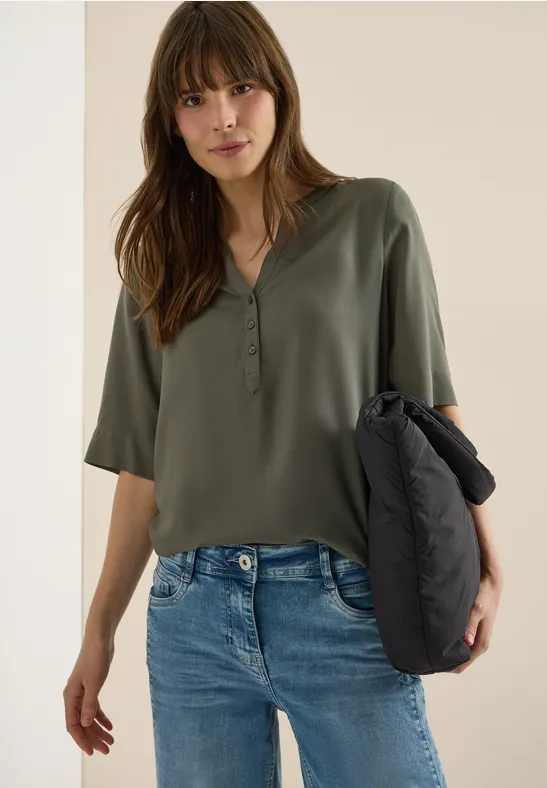 Bluse mit Split Neck und Elastiksaum khaki