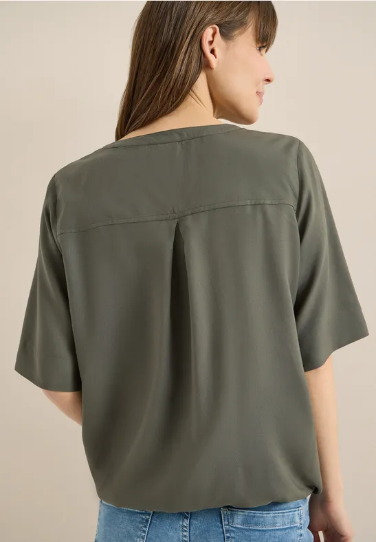 Bluse mit Split Neck und Elastiksaum khaki