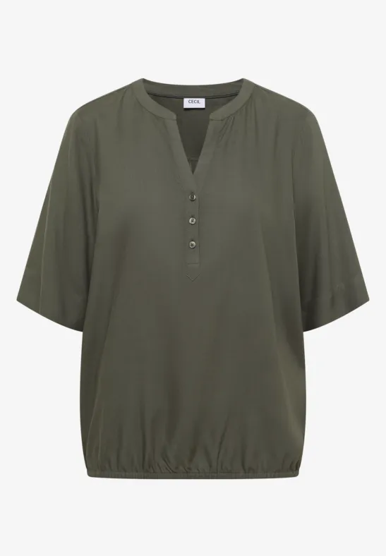 Bluse mit Split Neck und Elastiksaum khaki