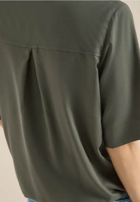 Bluse mit Split Neck und Elastiksaum khaki