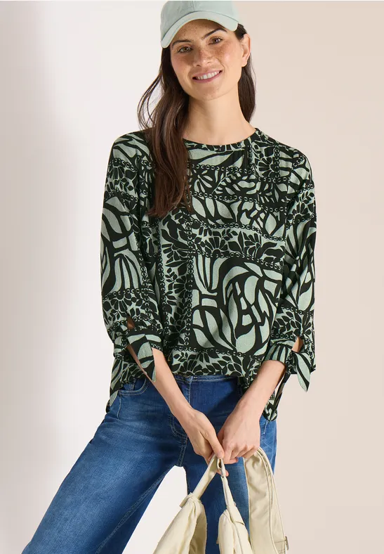 3/4-Arm Bluse mit Patchwork-Print raw khaki