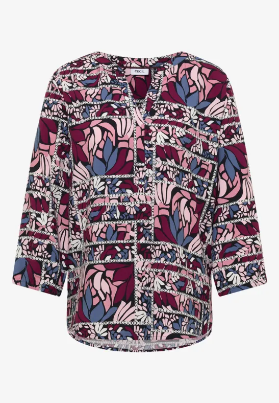 3/4-Arm Bluse mit Patchwork-Print deep plum