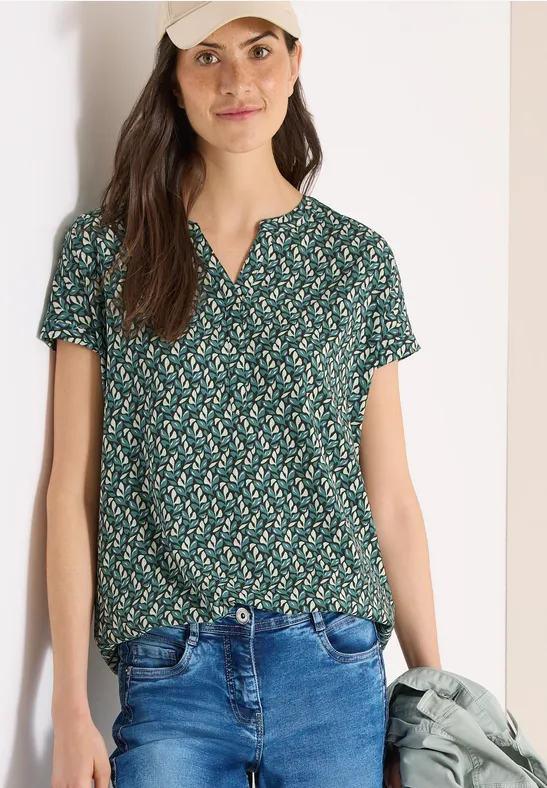 Bluse mit Split Neck und Minimal Print raw khaki