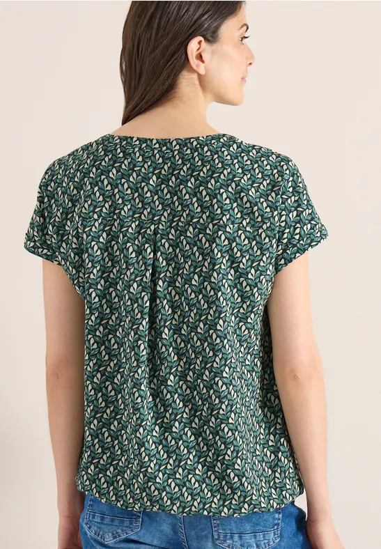 Bluse mit Split Neck und Minimal Print raw khaki