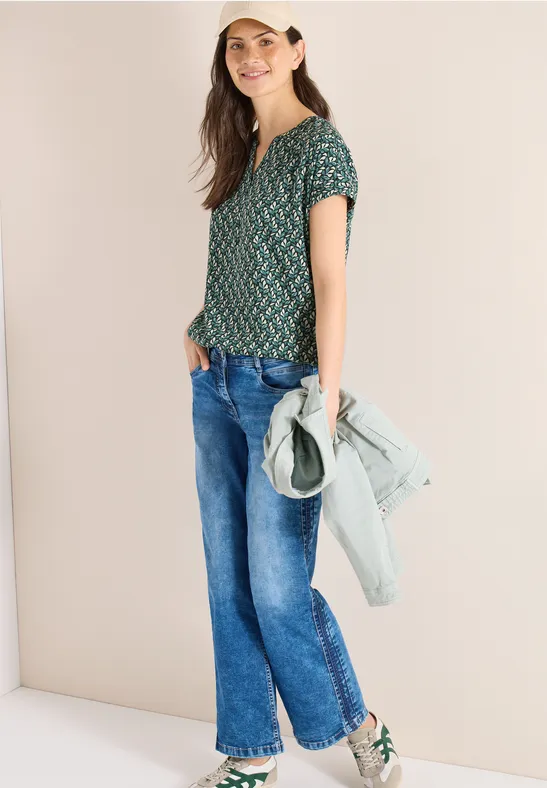 Bluse mit Split Neck und Minimal Print raw khaki