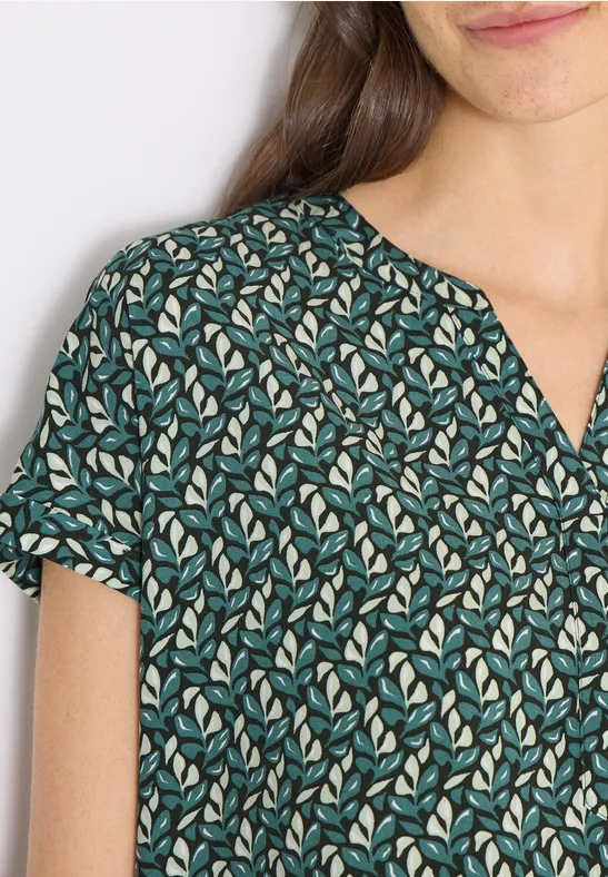 Bluse mit Split Neck und Minimal Print raw khaki