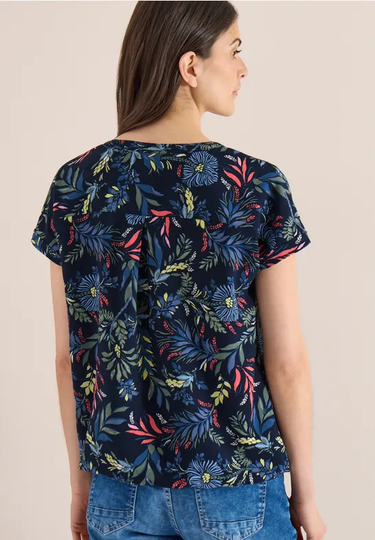Bluse mit Split Neck und Print universal blue