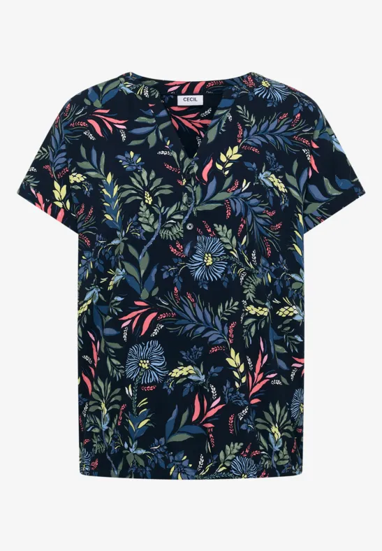 Bluse mit Split Neck und Print universal blue