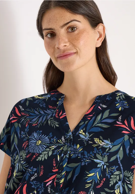 Bluse mit Split Neck und Print universal blue