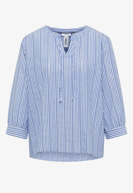 Leichte Bluse mit blau-weißen Streifen, 3/4-Ärmeln und V-Ausschnitt mit Kordelzug.