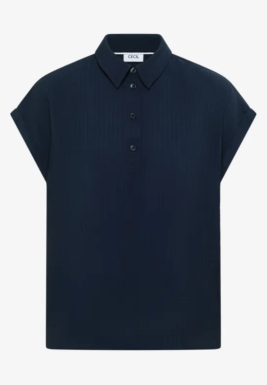 Dunkelblaues, geripptes Poloshirt mit kurzen Ärmeln und Knopfleiste