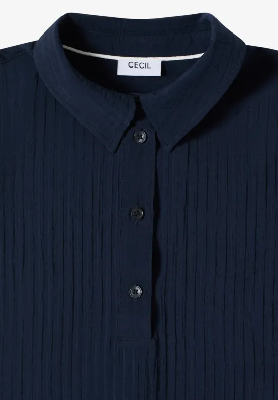 Dunkelblaue, gerippte Strickbluse mit Kragen und Knopfleiste