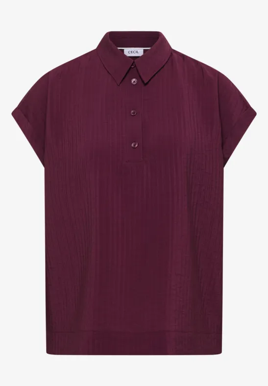 Damenbluse in dunklem Bordeaux mit Polokragen, kurzen Ärmeln und Knopfleiste