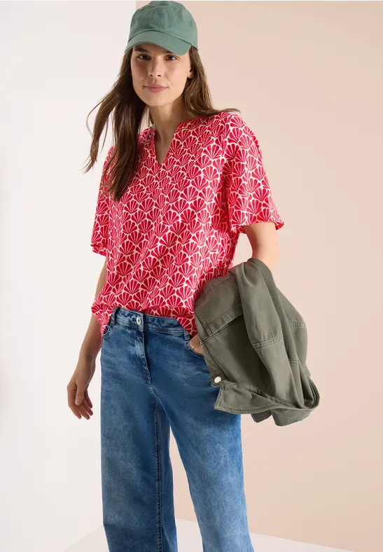 Kurzarm Bluse mit Muschelprint glazed apple red