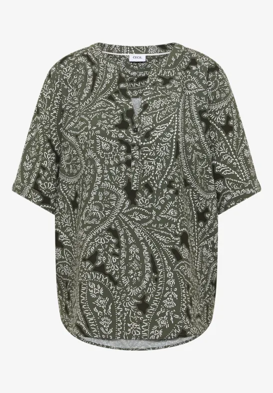 Dunkelgrüne Bluse mit Paisley-Muster, kurzen Ärmeln und Knopfleiste.