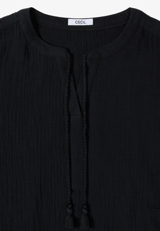 Blouse à col fendu en mousseline de soie Black