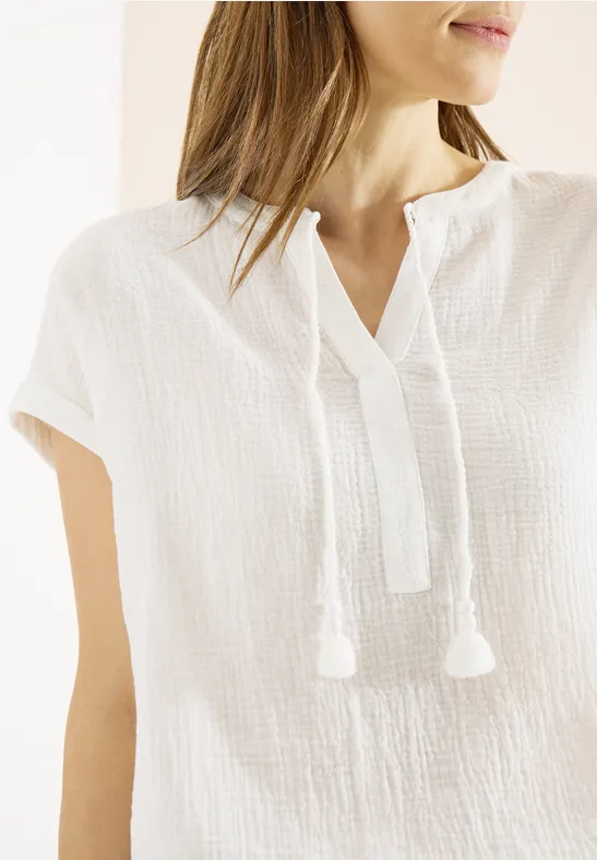 Bluse mit Split Neck aus Musselinstoff vanilla white