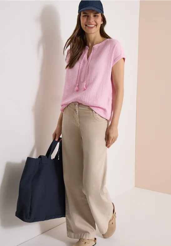 Bluse mit Split Neck aus Musselinstoff light blush rose