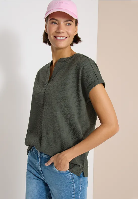 Dropped Shoulder Bluse in Seersuckerqualität khaki