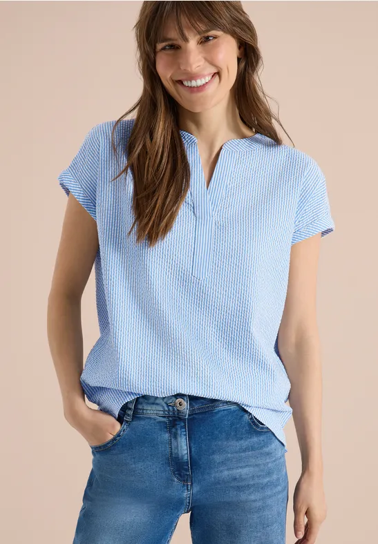 Bluse mit Split Neck in Seersuckerqualität blouse blue