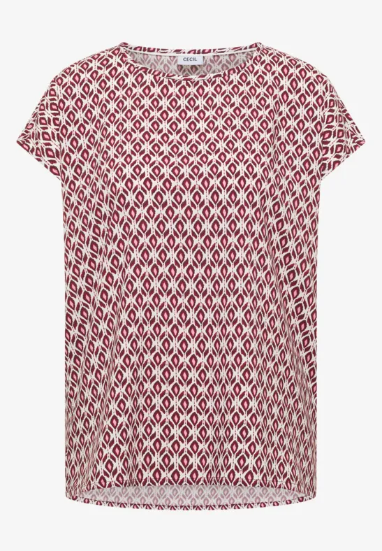 Rotes kurzärmeliges T-Shirt mit weißem, geometrischem Ikat-Muster.