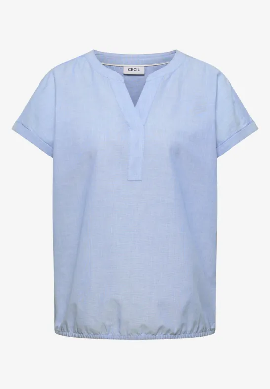 Leichtes hellblaues Damen-Shirt mit kurzen Ärmeln, V-Ausschnitt und elastischem Saum