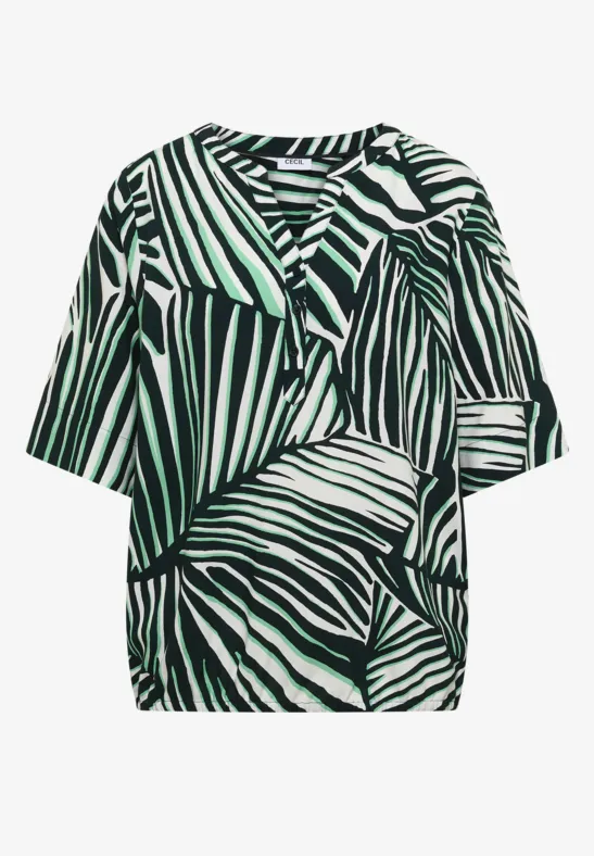 Leichte Kurzarm-Bluse mit tropischem Blattmuster in Grün, Schwarz und Weiß.
