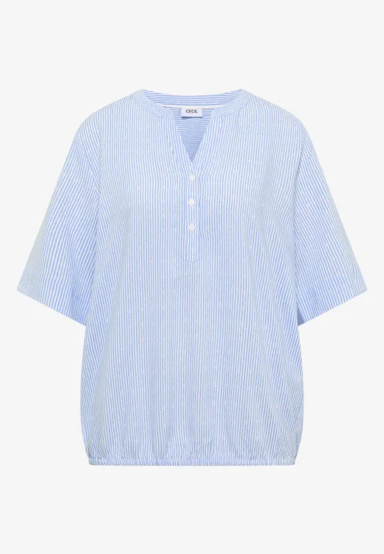 Leichte hellblaue Bluse für Damen mit zarten weißen Punkten, 3-Knopf-V-Ausschnitt, kurzen Ärmeln und elastischem Saum.