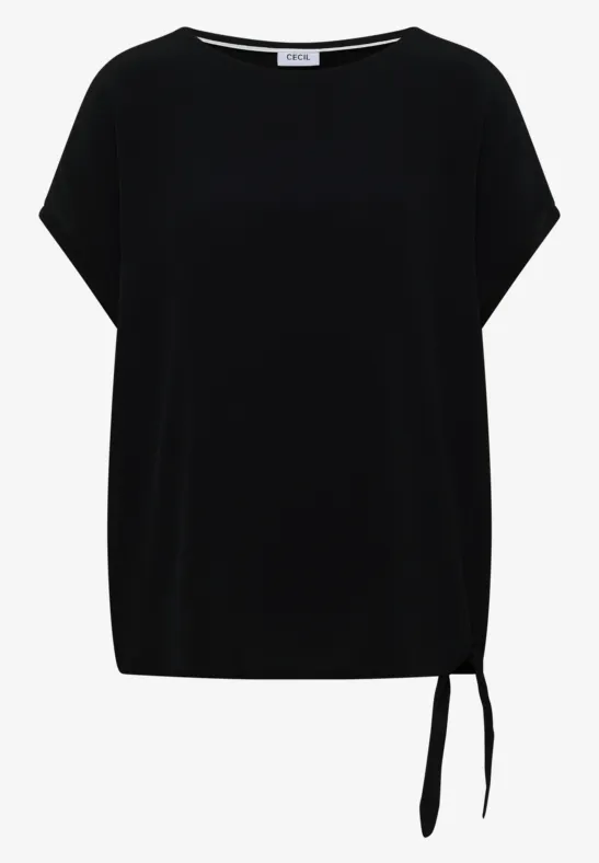 T-shirt femme noir à manches chauve-souris courtes, avec lien latéral.