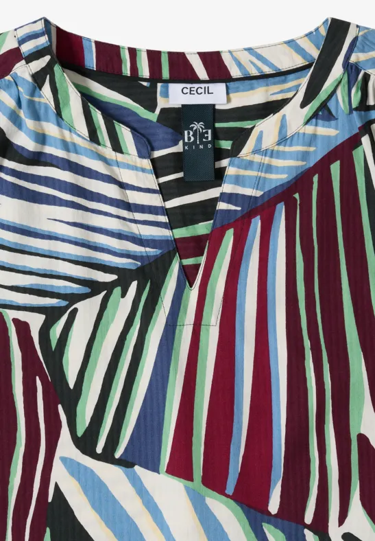 Bunte gestreifte Bluse mit V-Ausschnitt und Label-Aufnäher.