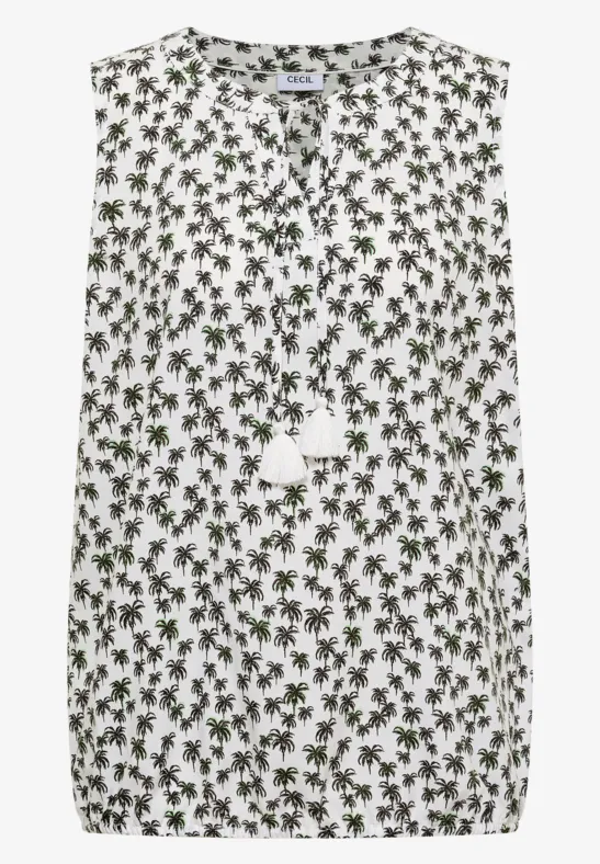 Weiße ärmellose Bluse mit grünem Blattmuster und Kordel mit Quasten am V-Ausschnitt.