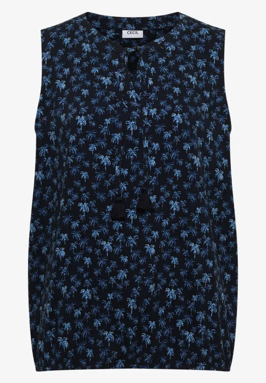 Ärmelloses dunkelblaues Top mit kleinem blauen Blumendruck und Halsband mit Quasten.