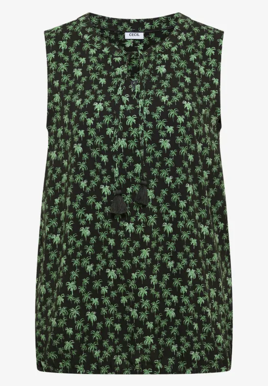 Ärmelloses schwarzes Top mit grünem Blumenmuster und V-Ausschnitt mit Kordel